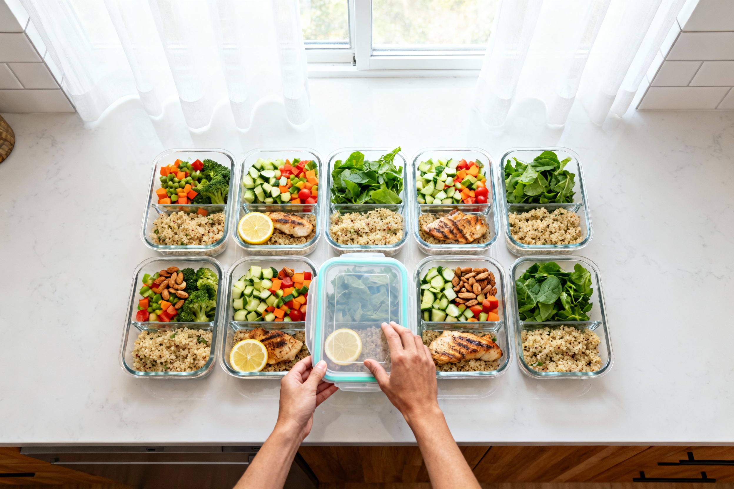 Overhead view of organized meal prep containers with colorful anti-inflammatory meals