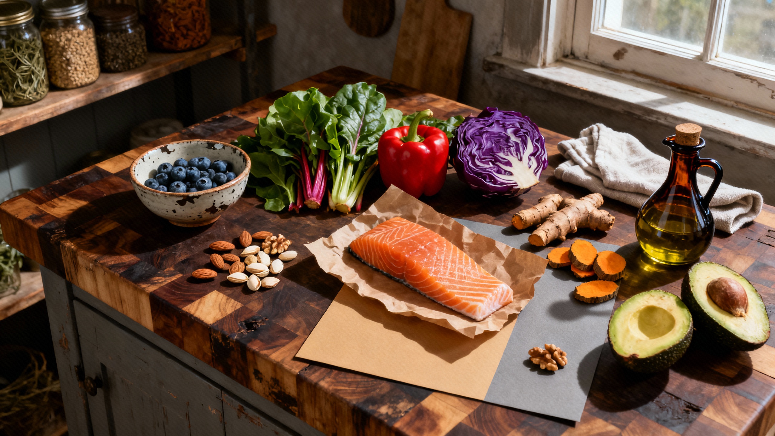 Colorful array of anti-inflammatory foods including salmon, berries, leafy greens, nuts, and olive oil
