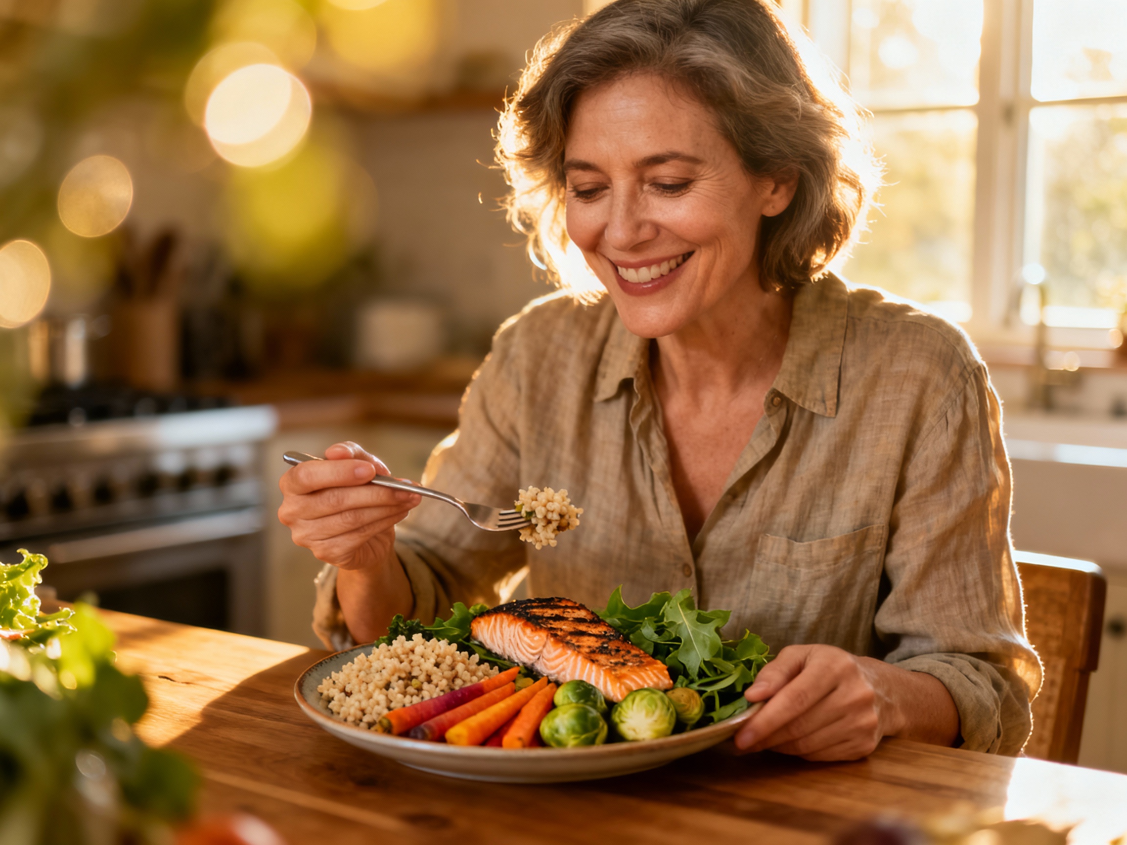 Happy woman in her 50s enjoying a healthy anti-inflammatory meal with salmon and vegetables