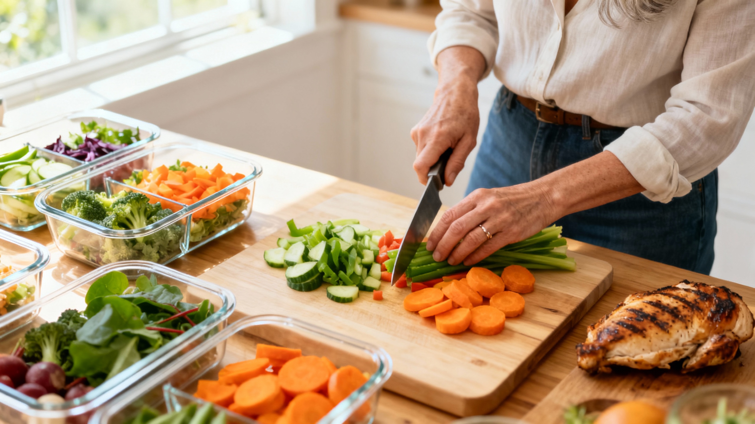 Person meal prepping healthy anti-inflammatory foods with fresh vegetables and containers