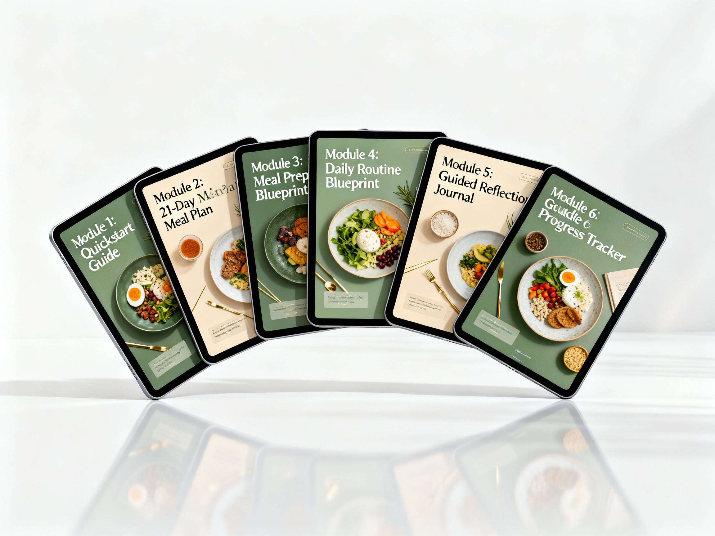 Digital product mockup showing all 6 modules of the 21-Day Inflammation Reset Bundle on tablet screens